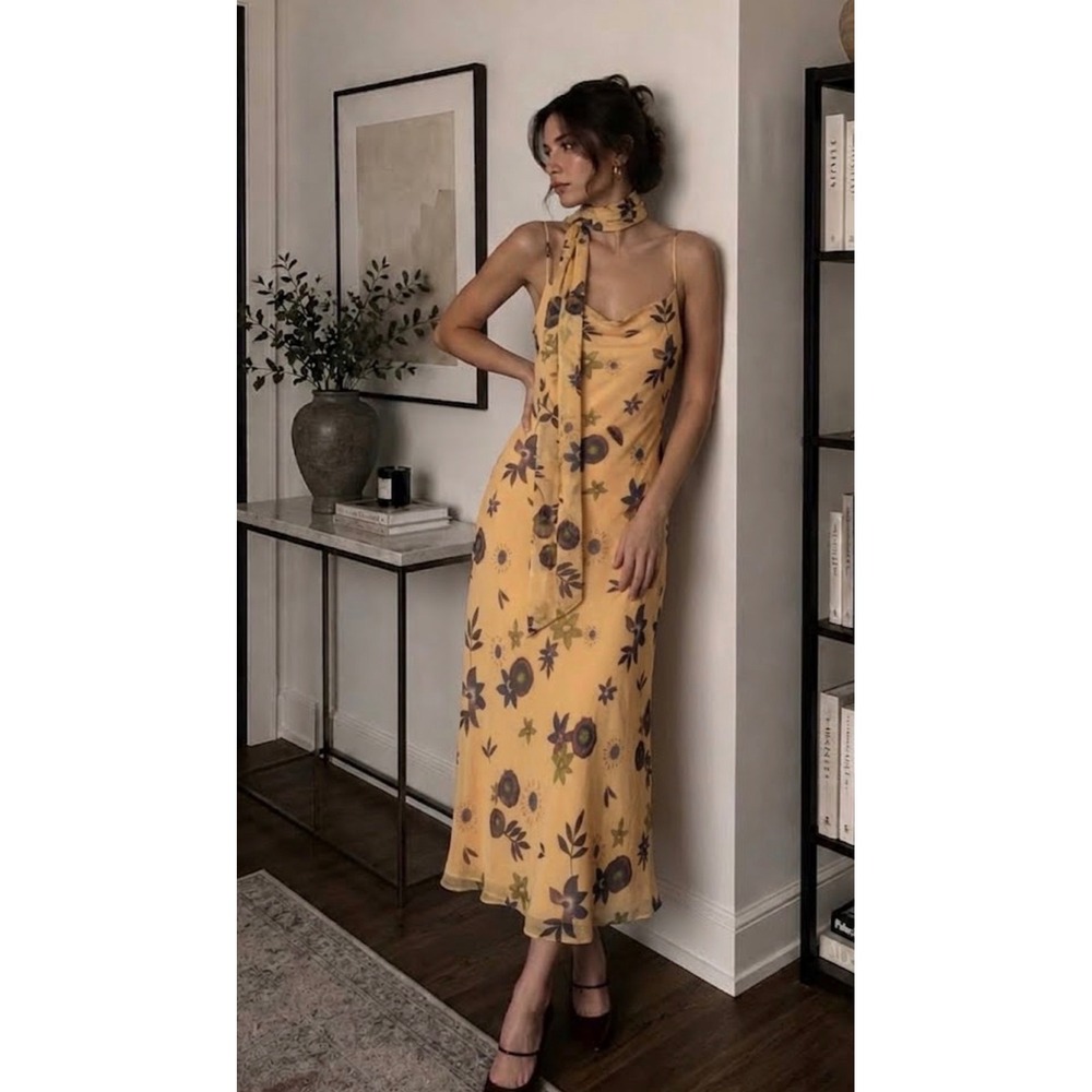 VTG 90s Y2K Whimsigoth Floral Chiffon Bias Slip Maxi Dress + Scarf sz8 Cowl Neck
